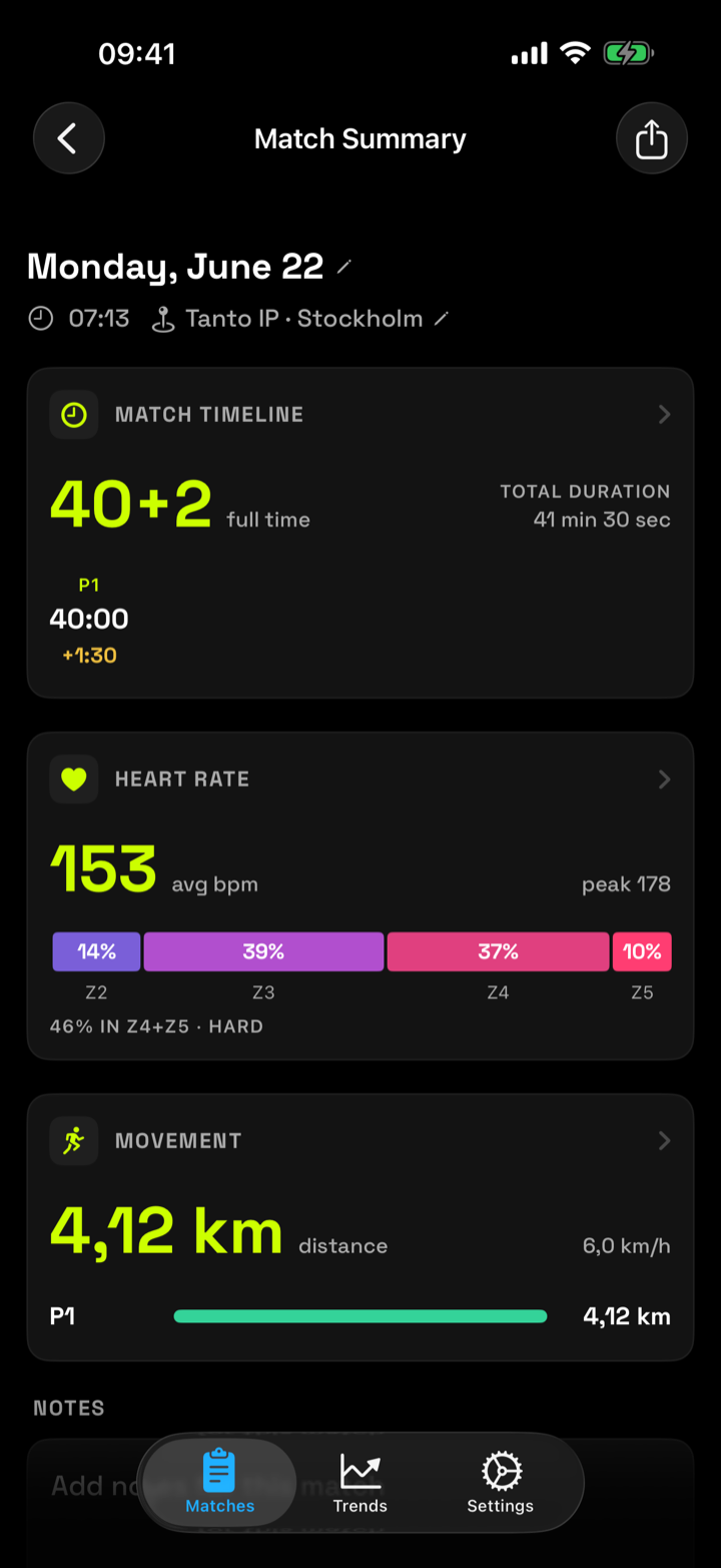 iPhone match summary with timeline, heart rate and movement