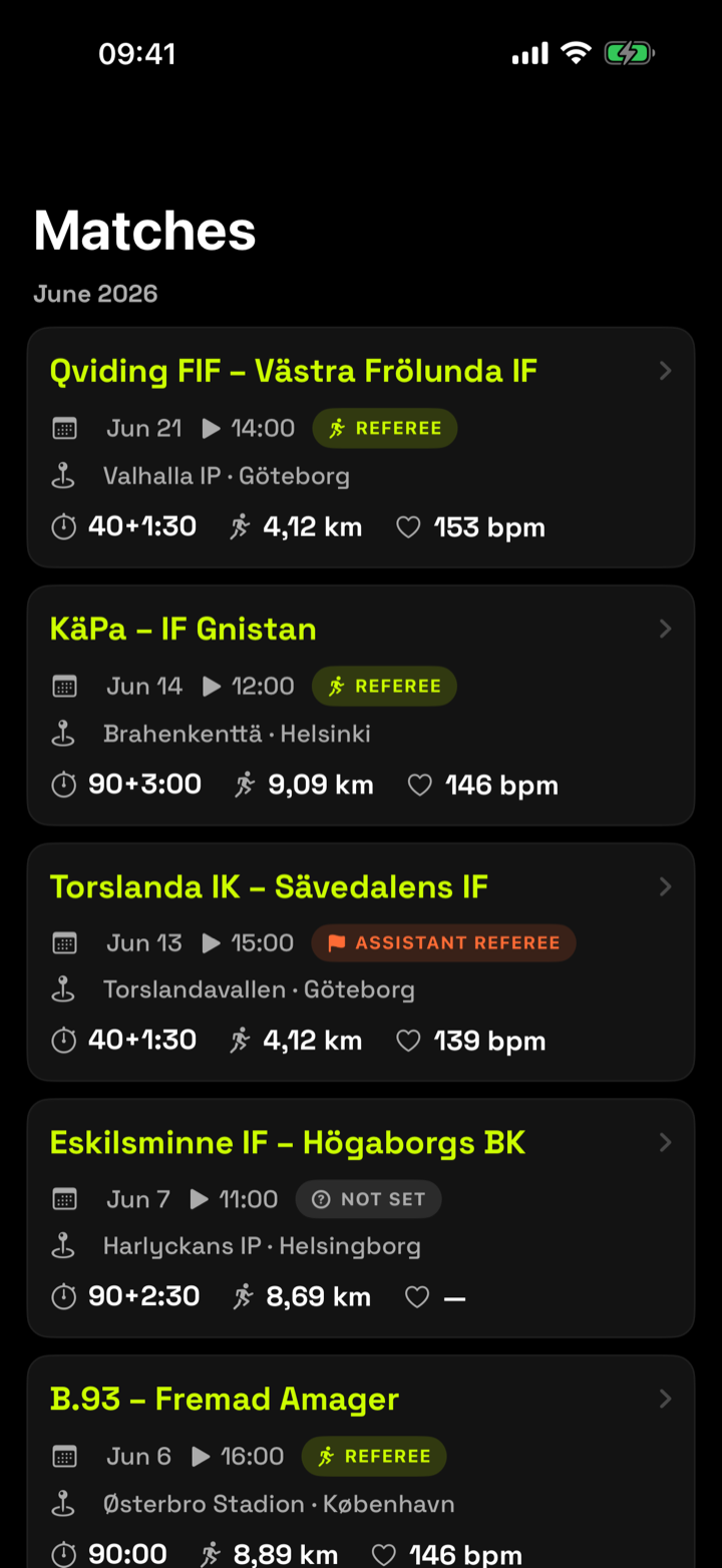 iPhone match list: fixtures with date, venue, role, full time, distance and average heart rate