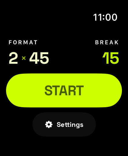 Apple Watch match setup: format 2×45, 15-minute break, and a Start button
